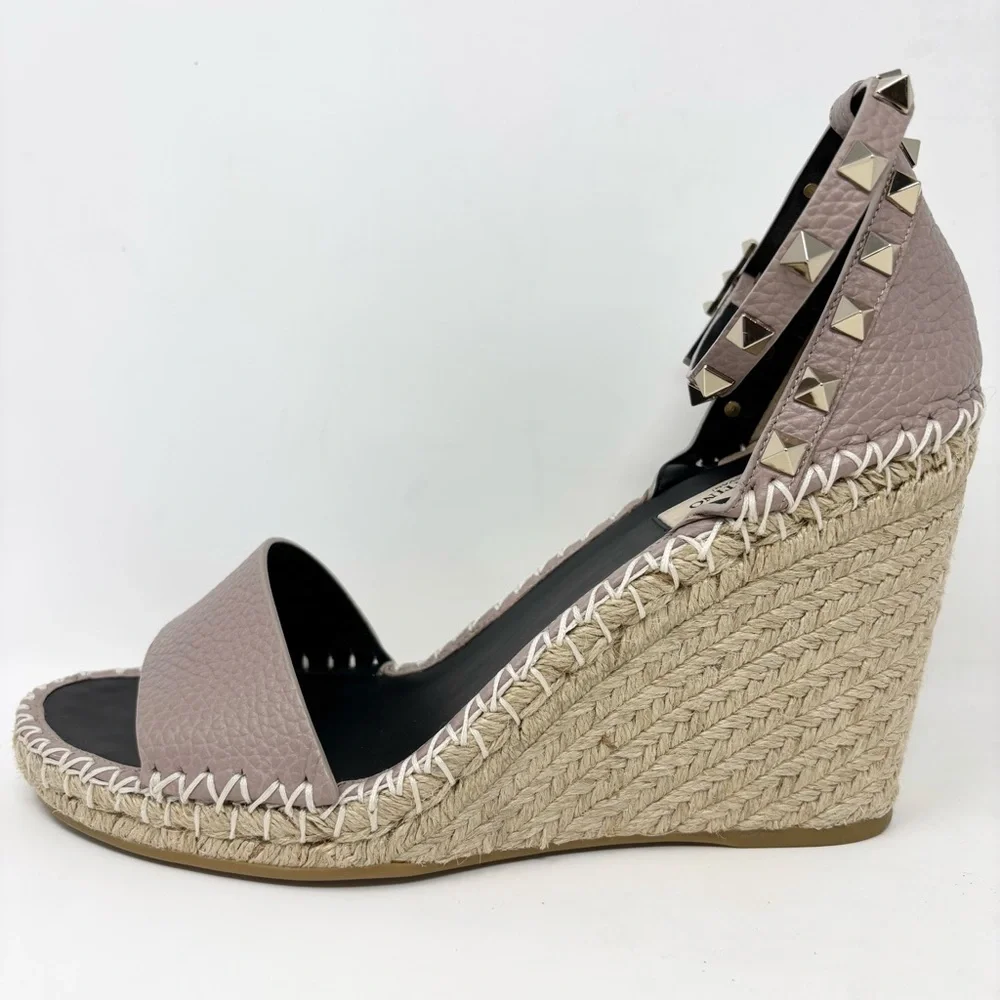 Valentino Garavani Double Rockstud Wedge Sandal 10 Poudre Espadrille Size 40 10